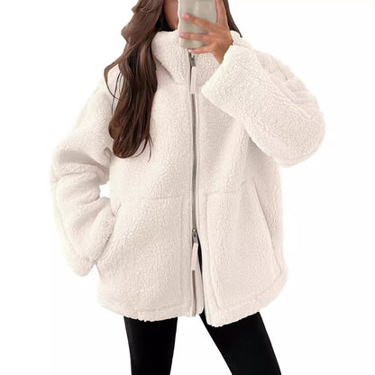 Casual Long Sleeve Oversized Warm Double Zipper Winter Teddy Jacket