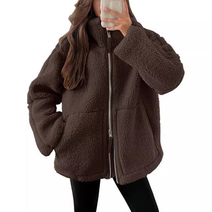 Casual Long Sleeve Oversized Warm Double Zipper Winter Teddy Jacket