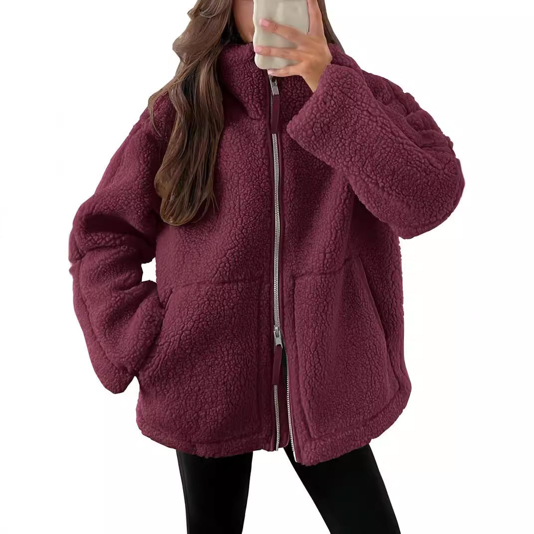 Casual Long Sleeve Oversized Warm Double Zipper Winter Teddy Jacket