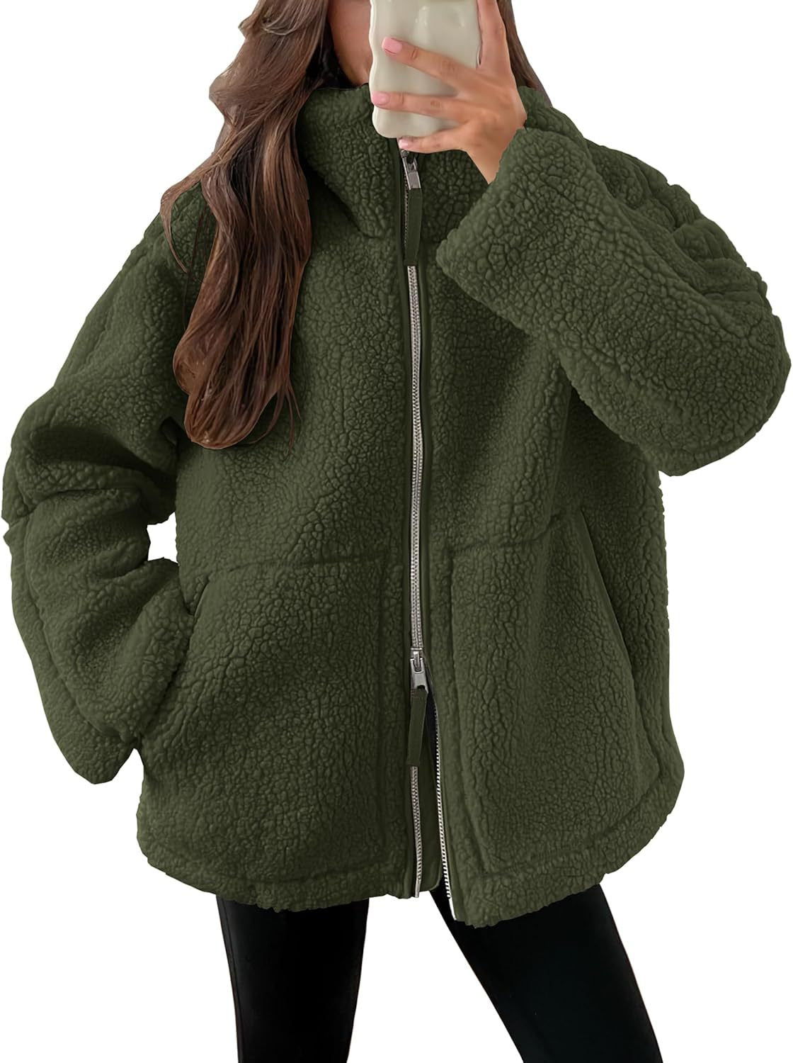 Casual Long Sleeve Oversized Warm Double Zipper Winter Teddy Jacket